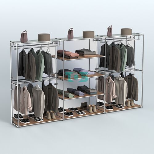 Торговая система ХРОМ (задняя стенка - зеркало) 3600 мм с полками ДСП и поручнями №2