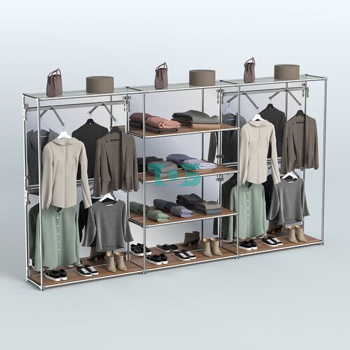 Торговая система ХРОМ (задняя стенка - зеркало) 3600 мм с полками ДСП и поручнями №5