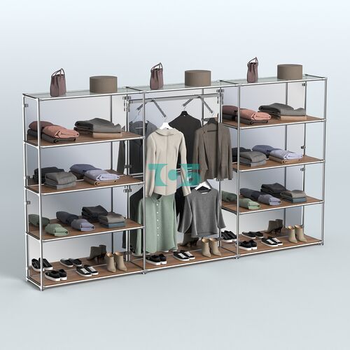 Торговая система ХРОМ (задняя стенка - зеркало) 3600 мм с полками ДСП и поручнями №6