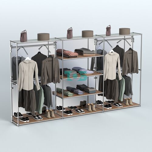 Торговая система ХРОМ (задняя стенка - зеркало) 3600 мм с полками ДСП и поручнями №10