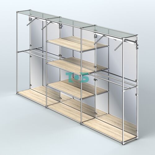 Торговая система ХРОМ (задняя стенка - зеркало) 3600 мм с полками ДСП и поручнями №10