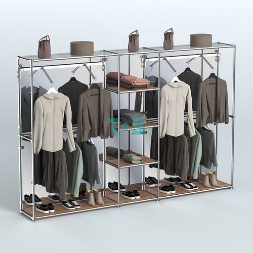 Торговая система ХРОМ (задняя стенка - зеркало) 3030 мм с полками ДСП и поручнями №12