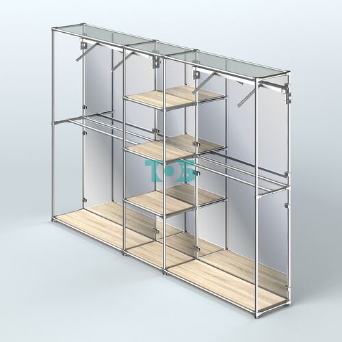 Торговая система ХРОМ (задняя стенка - зеркало) 3030 мм с полками ДСП и поручнями №12