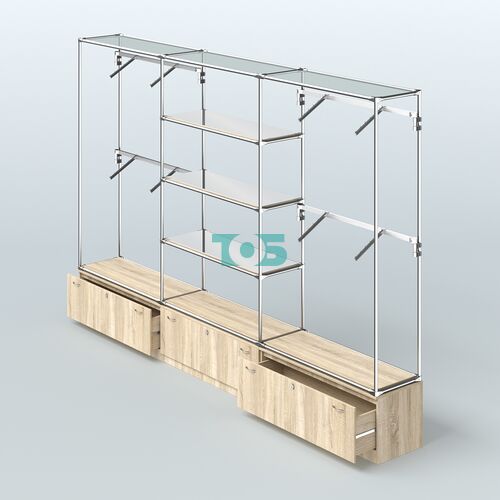 Торговая система ХРОМ без ДСП 3600 мм с тумбами Т11, зеркальными полками и поручнями №3