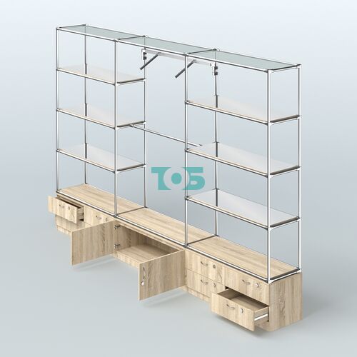 Торговая система ХРОМ без ДСП 3600 мм с тумбами Т14, Т21, зеркальными полками и поручнями №5