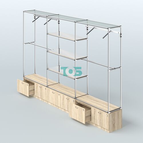 Торговая система ХРОМ без ДСП 3600 мм с тумбами Т15, зеркальными полками и поручнями №6