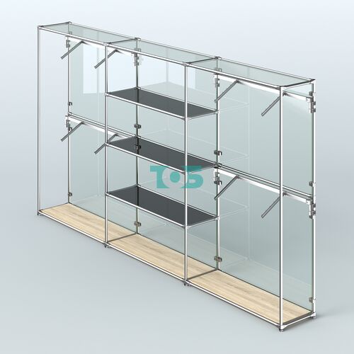 Торговая система ХРОМ (задняя стенка - стекло) 3600 мм с тонированными полками и поручнями №5