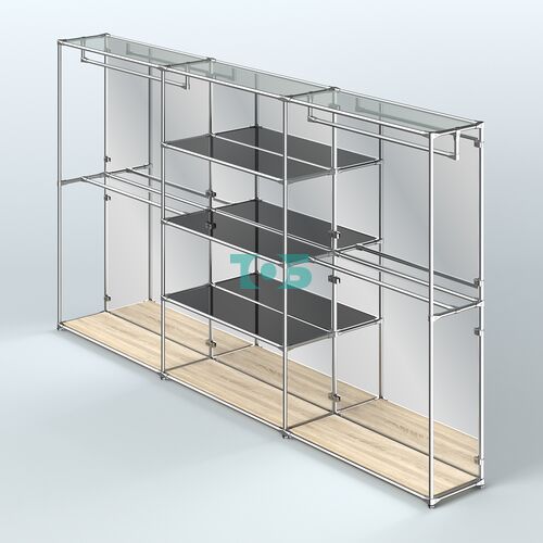 Торговая система ХРОМ (задняя стенка - зеркало) 3600 мм с тонированными полками и поручнями №2