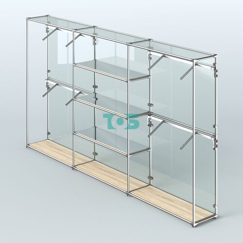 Торговая система ХРОМ (задняя стенка - стекло) 3600 мм с зеркальными полками и поручнями №5