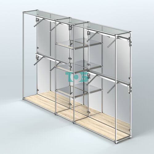 Торговая система ХРОМ (задняя стенка - зеркало) 3600 мм с зеркальными полками и поручнями №8