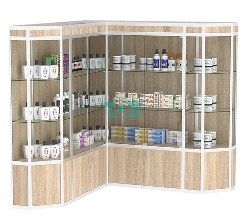 Витрина из профиля в угол зала со скошенными углами №1 (задняя стенка - ДВП)