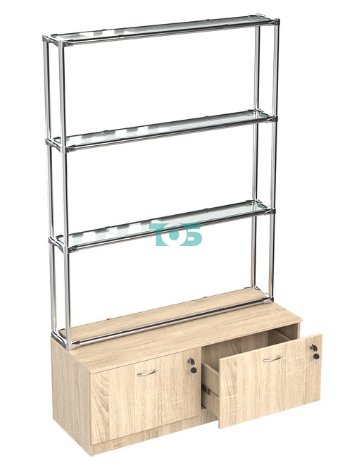 Хромированный стеллаж с прозрачными полками №1 с тумбой Т-15