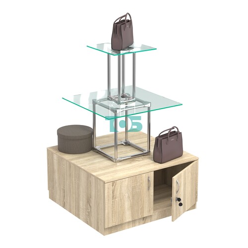 Торговый хромированный остров с тумбами ПИРАМИДА №2 (полки стекло 8мм прозрачное)