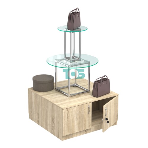 Торговый хромированный остров с тумбами ПИРАМИДА №5 (полки стекло 8мм прозрачное)