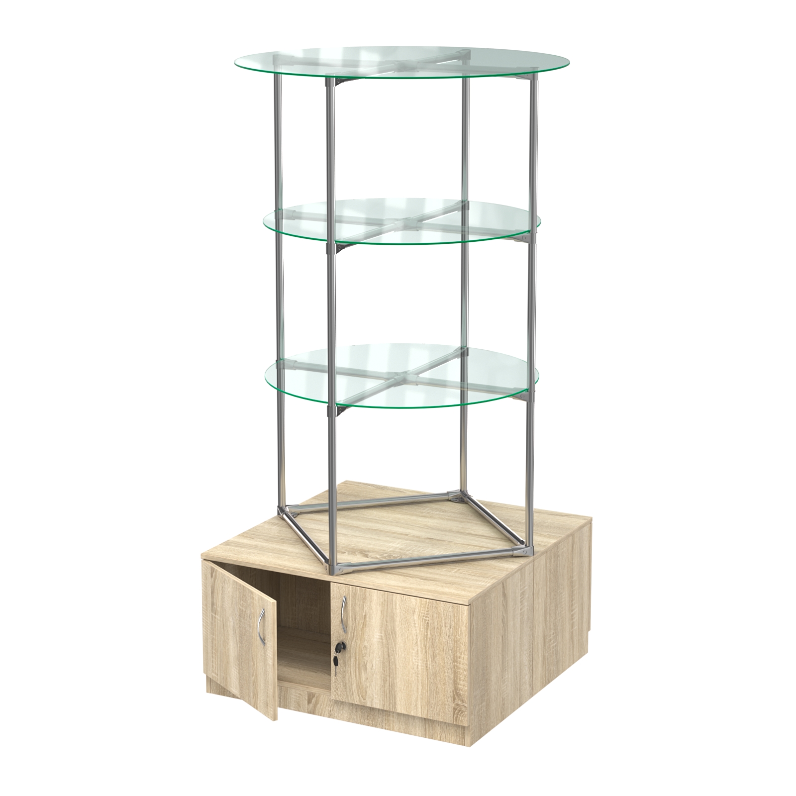 Торговые стенды СФЕРА с полками и тумбами №1 (с двумя стеклянными полками 6мм) Дуб Сонома
