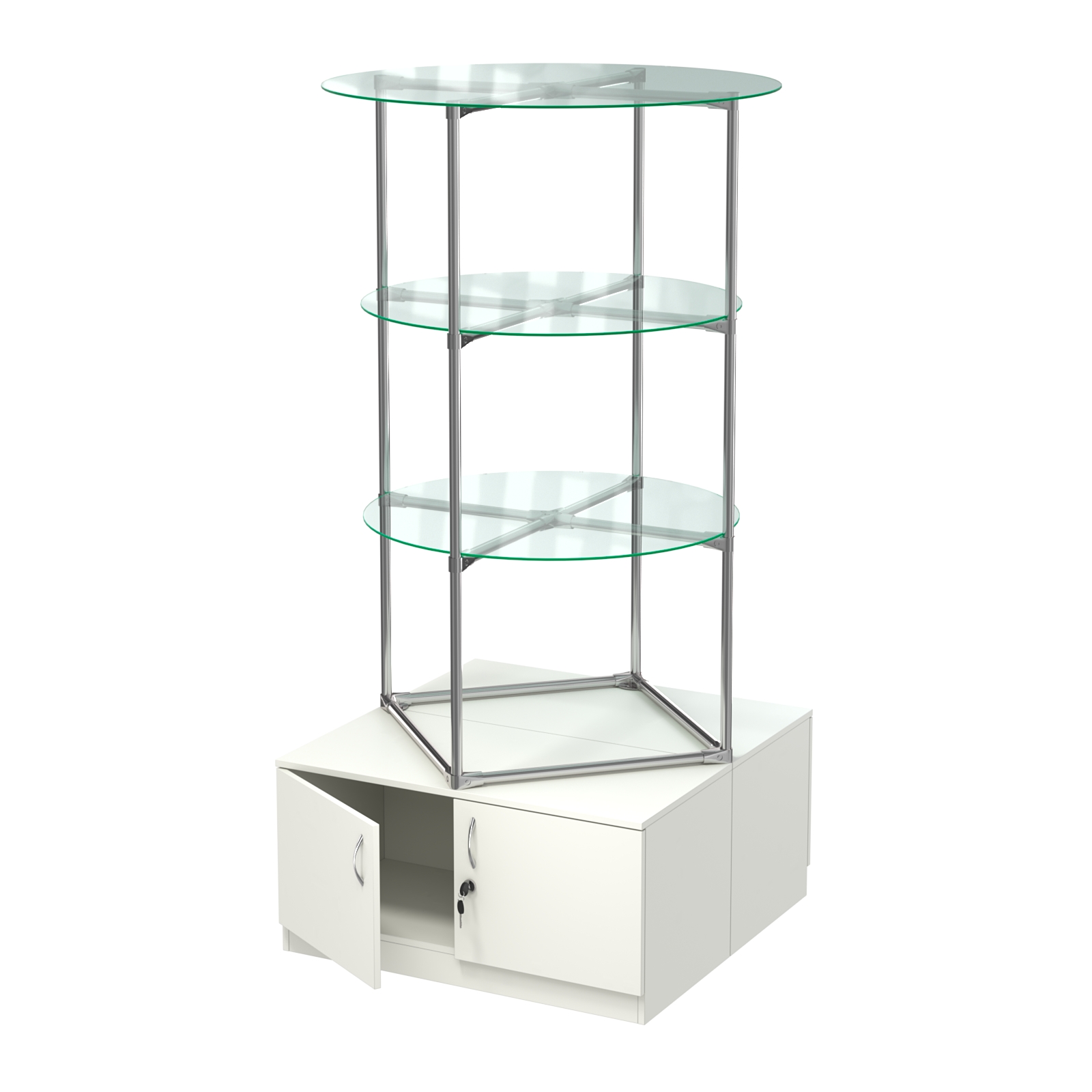 Торговые стенды СФЕРА с полками и тумбами №1 (с двумя стеклянными полками 6мм) Белый