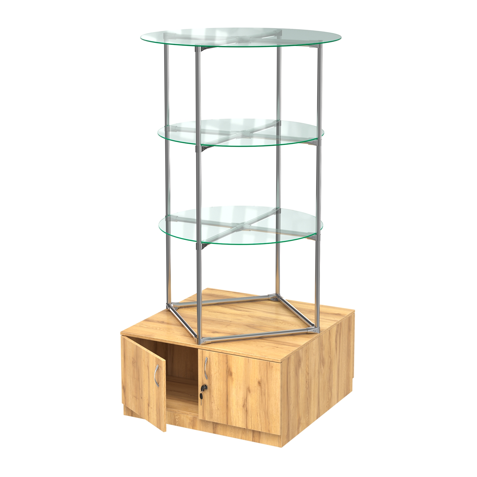 Торговые стенды СФЕРА с полками и тумбами №1 (с двумя стеклянными полками 6мм) Дуб Золотистый