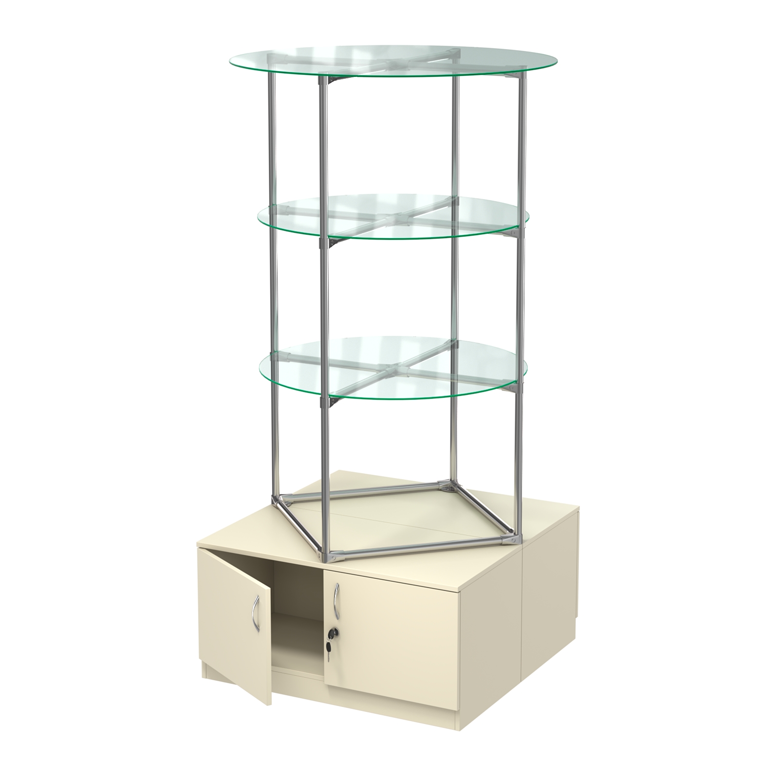 Торговые стенды СФЕРА с полками и тумбами №1 (с двумя стеклянными полками 6мм) Крем Вайс