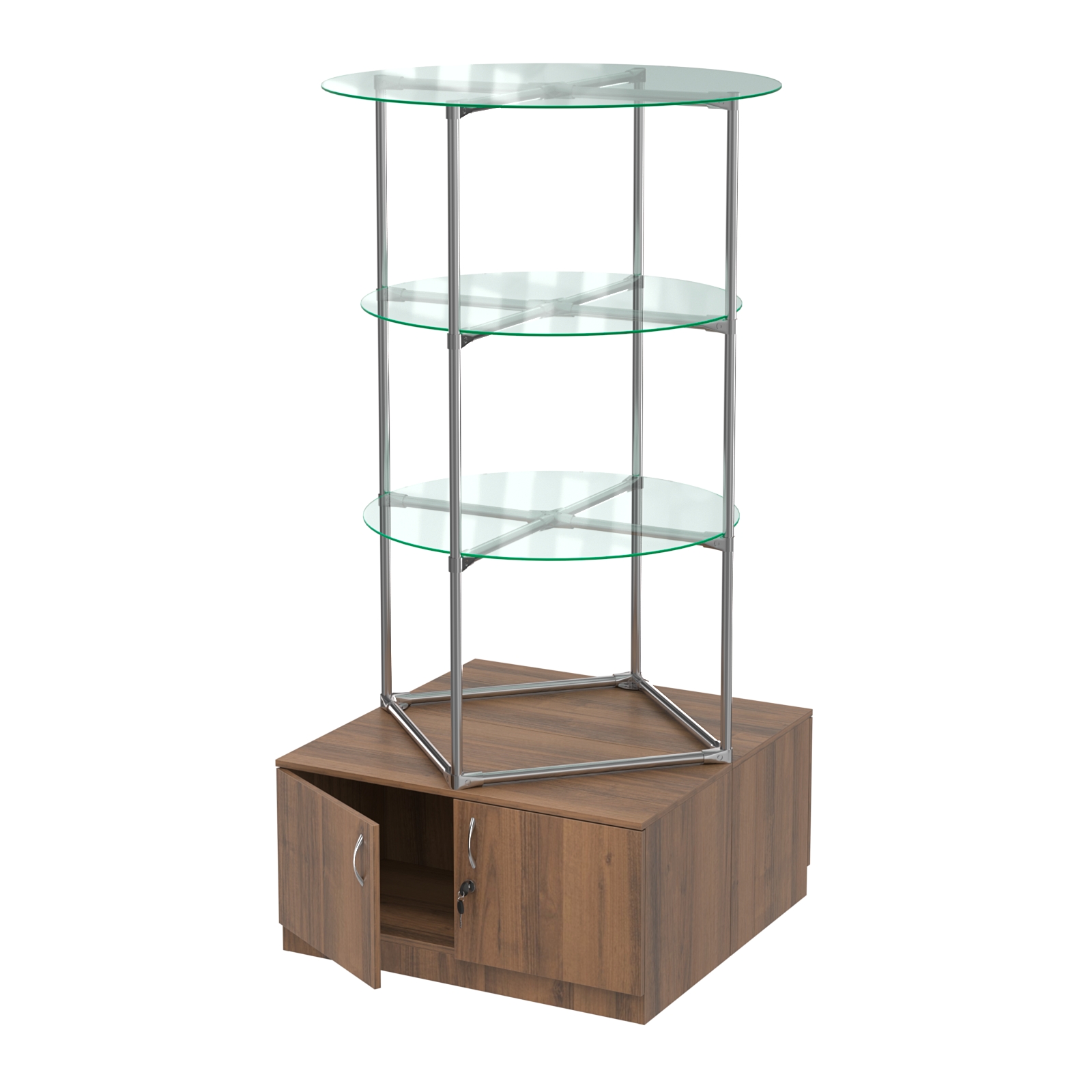 Торговые стенды СФЕРА с полками и тумбами №1 (с двумя стеклянными полками 6мм) Орех