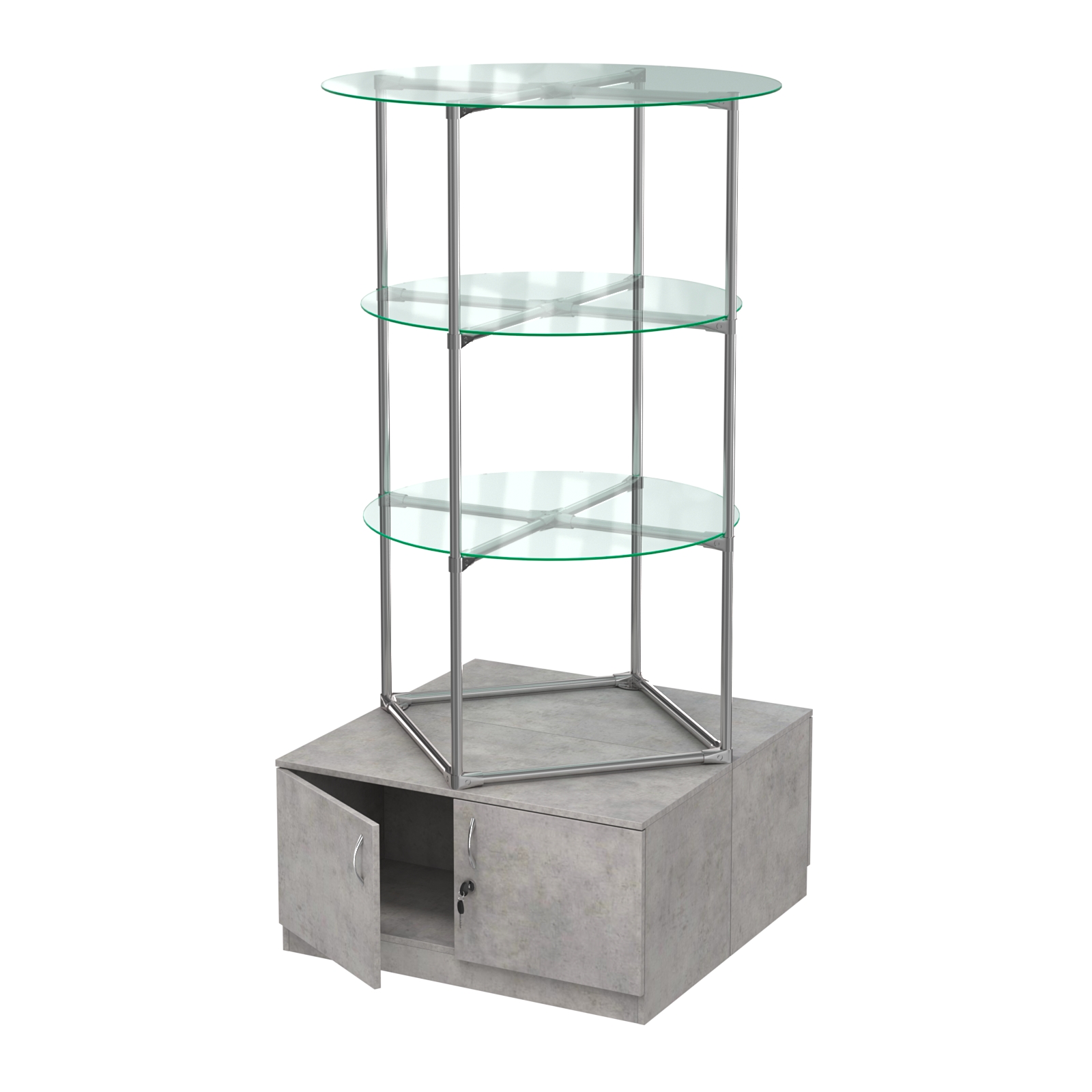 Торговые стенды СФЕРА с полками и тумбами №1 (с двумя стеклянными полками 6мм) Бетон Чикаго светло-серый F186 ST9