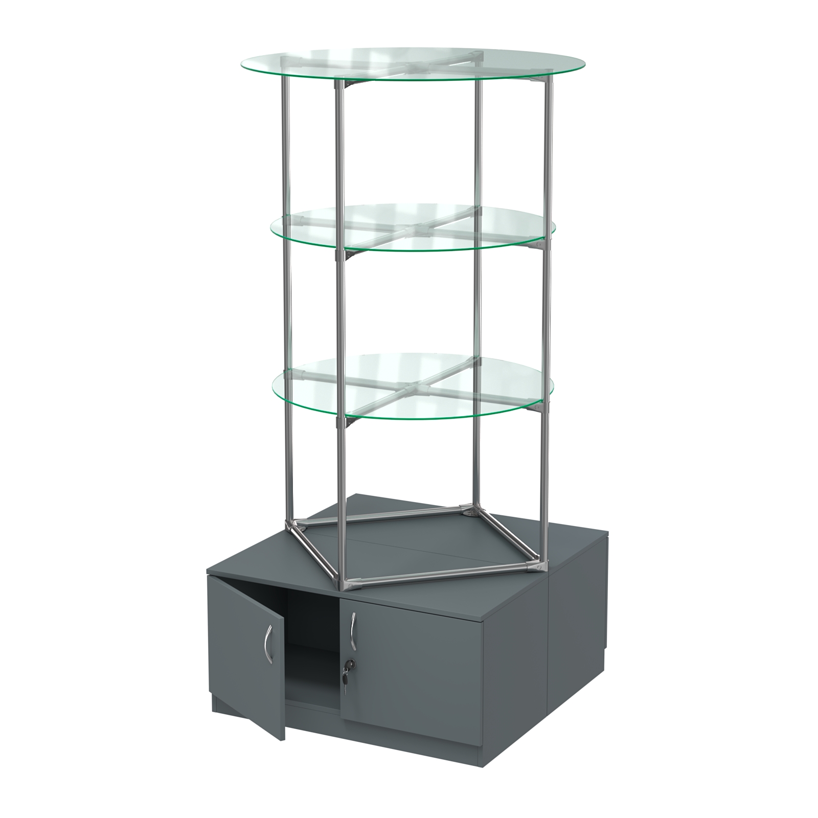 Торговые стенды СФЕРА с полками и тумбами №1 (с двумя стеклянными полками 6мм) Темно-Серый
