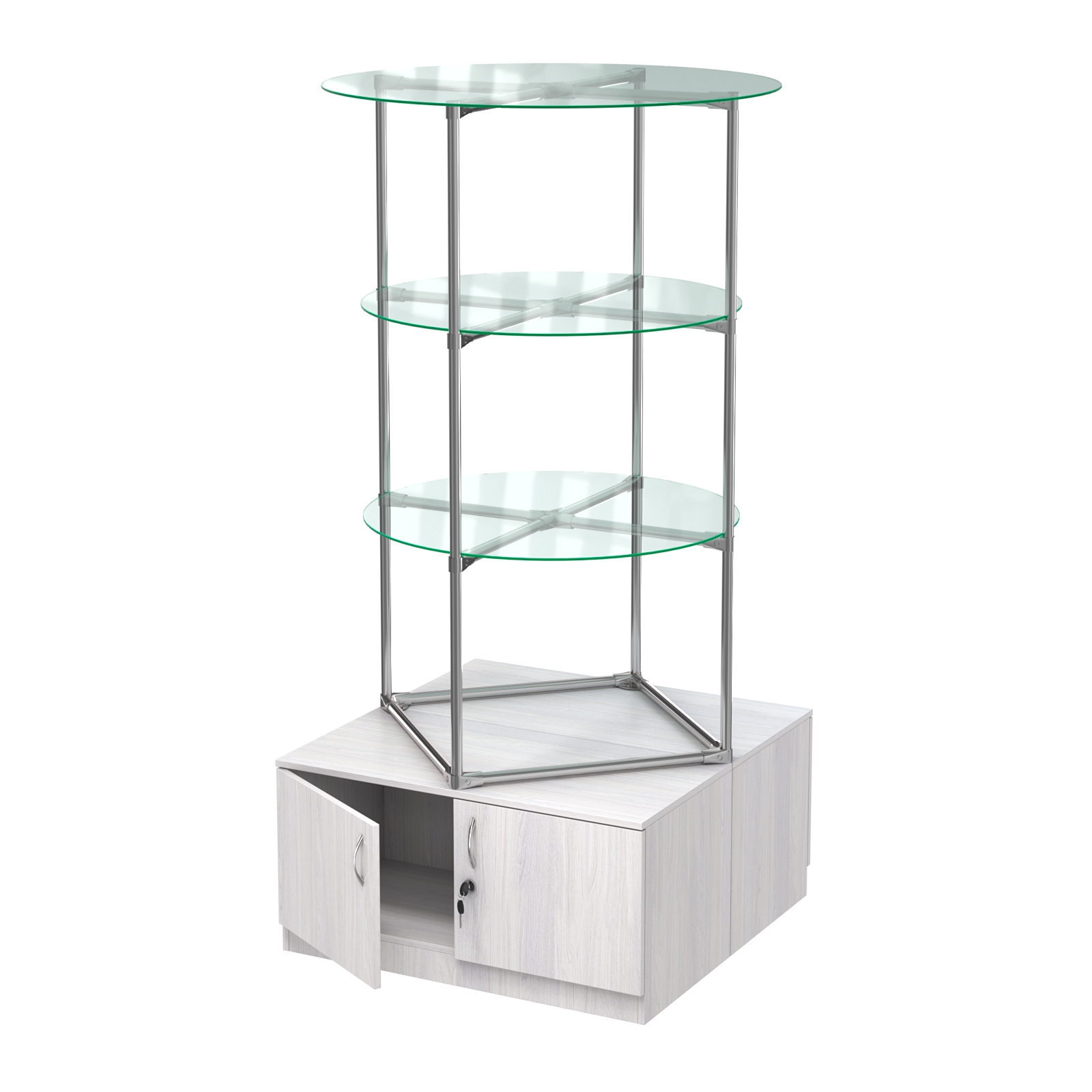 Торговые стенды СФЕРА с полками и тумбами №1 (с двумя стеклянными полками 6мм) Ясень Анкор светлый