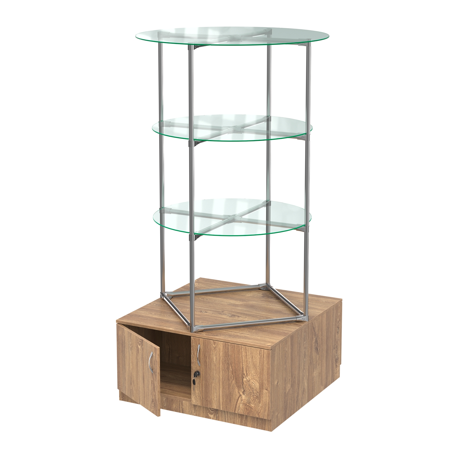 Торговые стенды СФЕРА с полками и тумбами №1 (с двумя стеклянными полками 6мм) Дуб Канзас коричневый