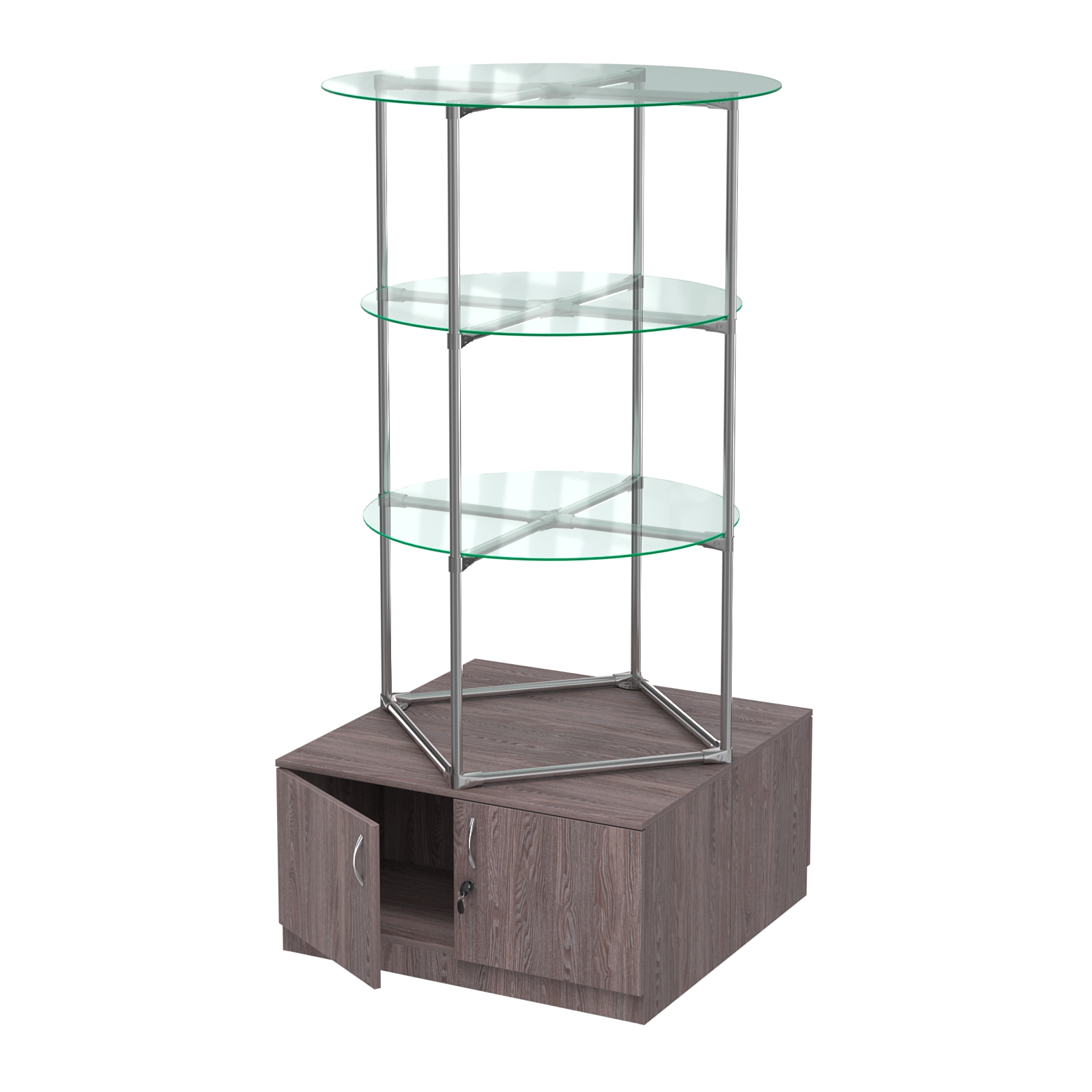Торговые стенды СФЕРА с полками и тумбами №1 (с двумя стеклянными полками 6мм) Ясень Анкор темный
