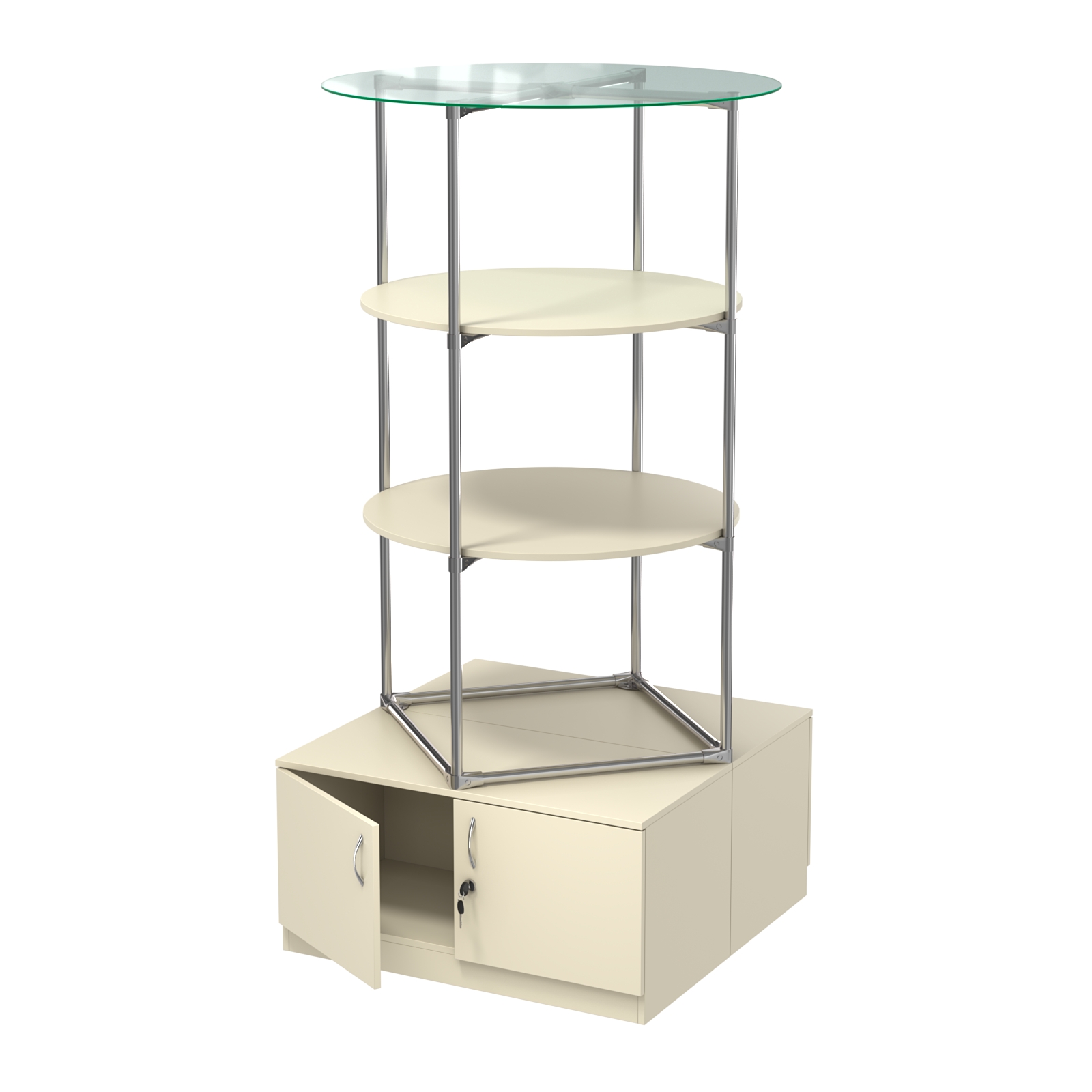 Торговые стенды СФЕРА с полками и тумбами №3 (с двумя полками ДСП 16мм) Крем Вайс