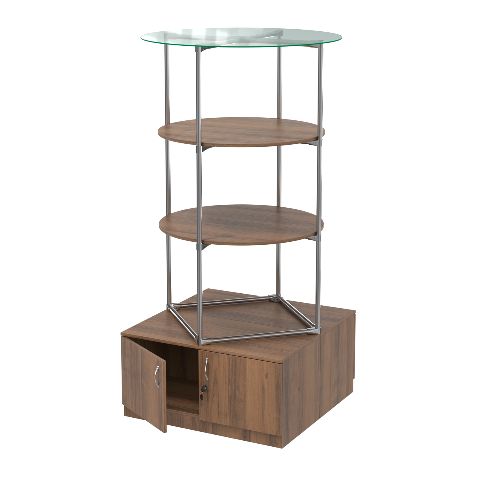 Торговые стенды СФЕРА с полками и тумбами №3 (с двумя полками ДСП 16мм) Орех