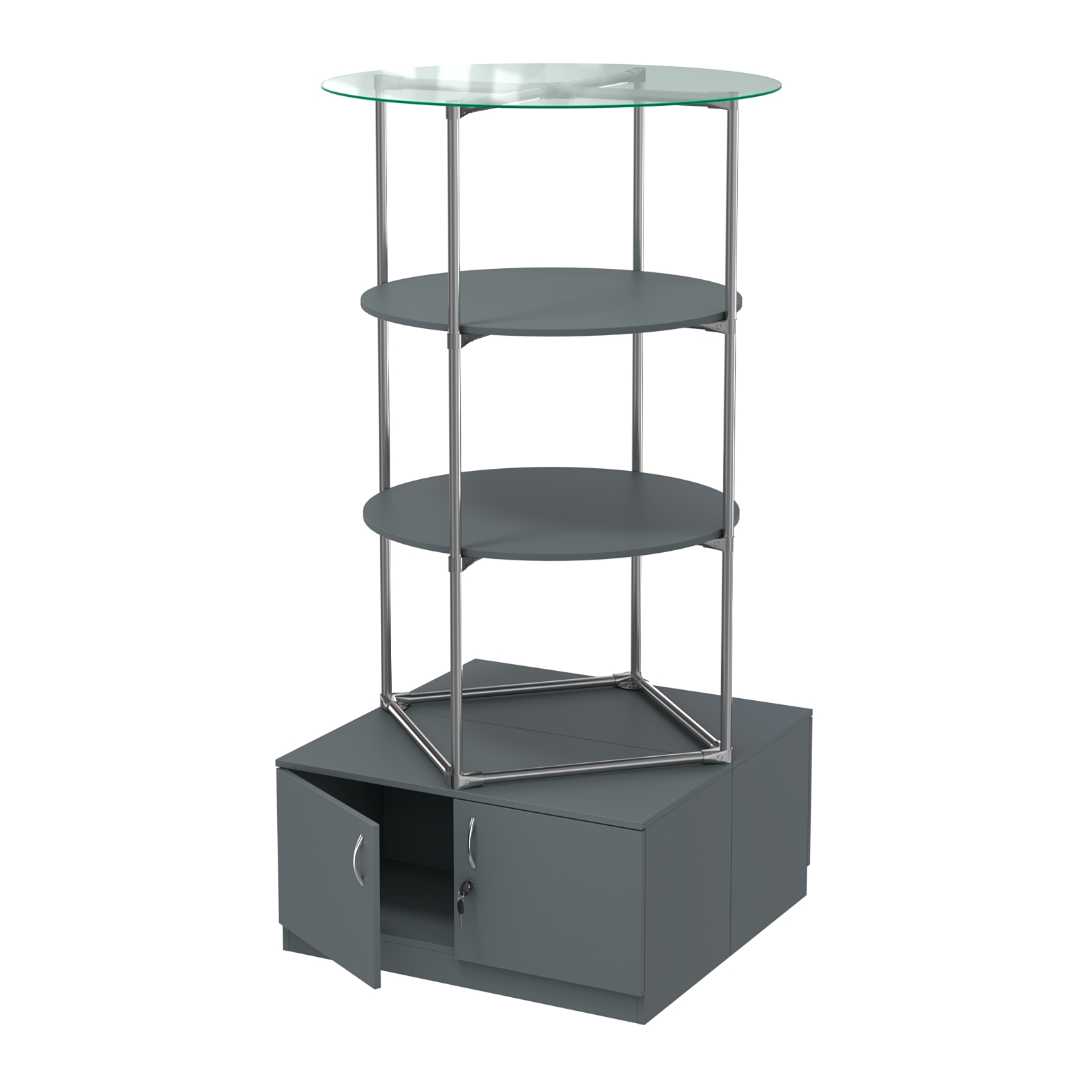 Торговые стенды СФЕРА с полками и тумбами №3 (с двумя полками ДСП 16мм) Темно-Серый