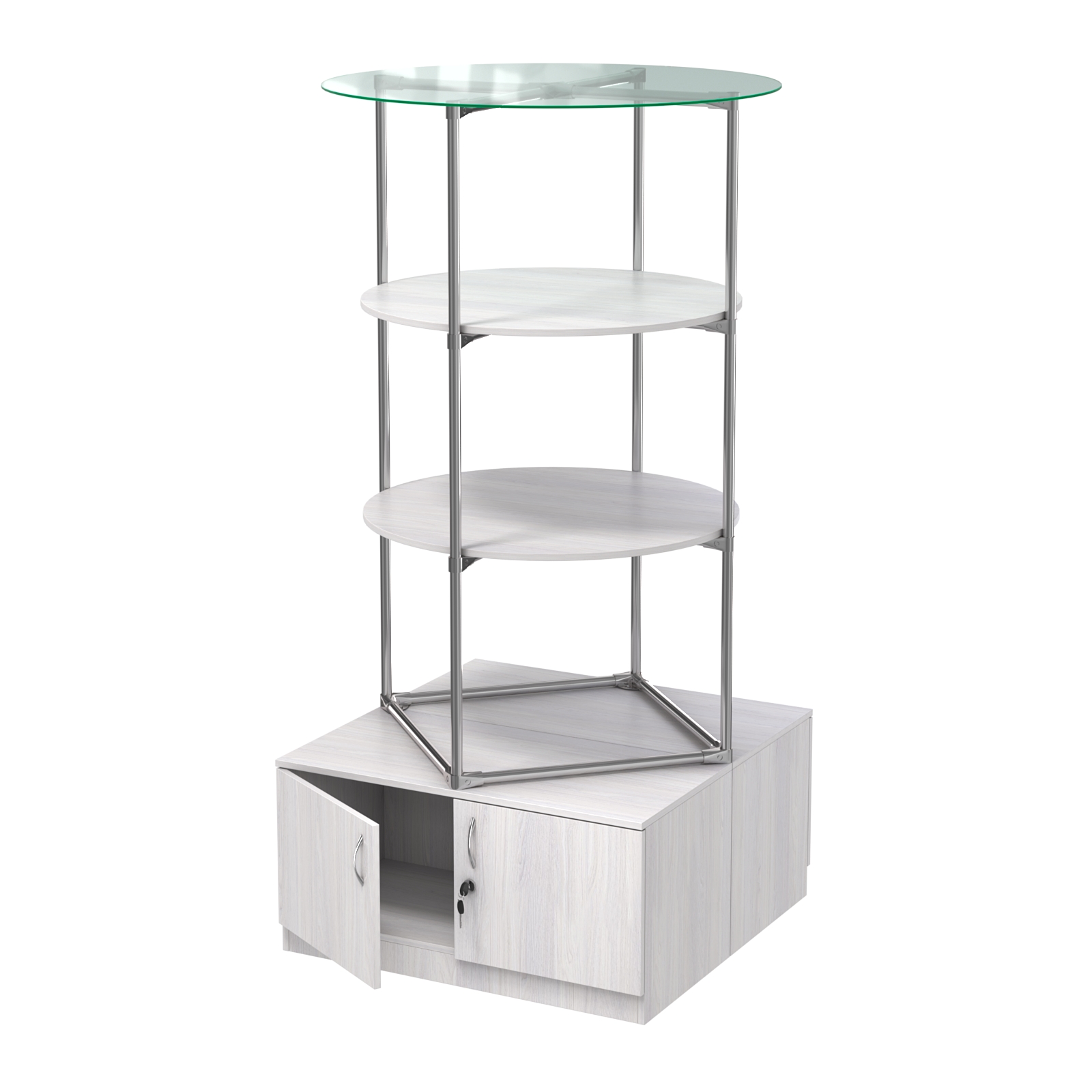 Торговые стенды СФЕРА с полками и тумбами №3 (с двумя полками ДСП 16мм) Ясень Анкор светлый