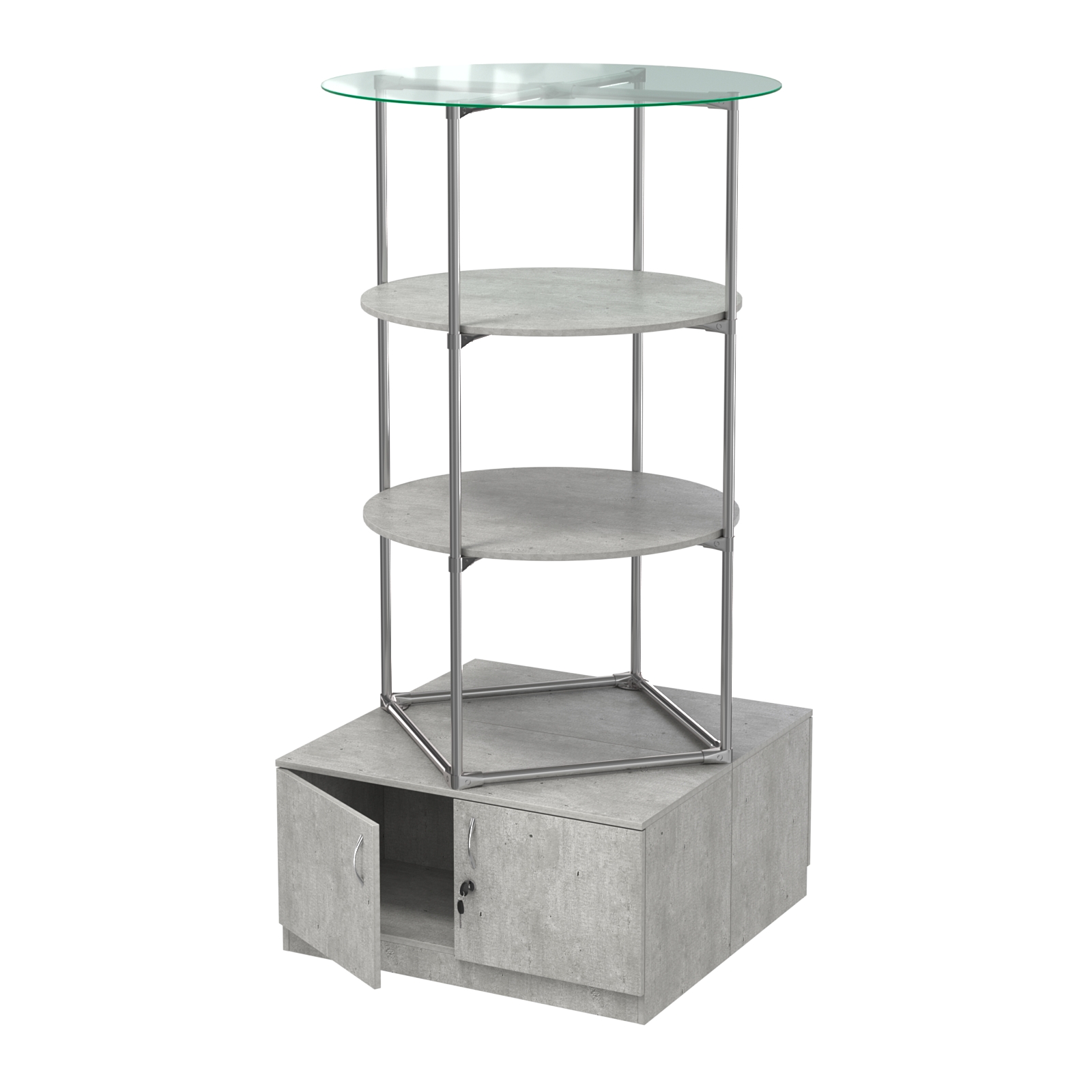 Торговые стенды СФЕРА с полками и тумбами №3 (с двумя полками ДСП 16мм) Метрополитан Грей