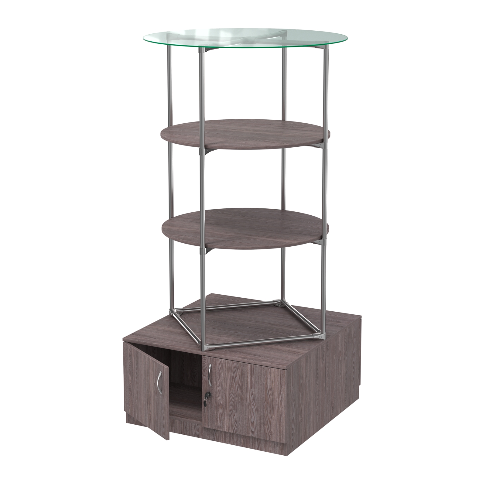 Торговые стенды СФЕРА с полками и тумбами №3 (с двумя полками ДСП 16мм) Ясень Анкор темный