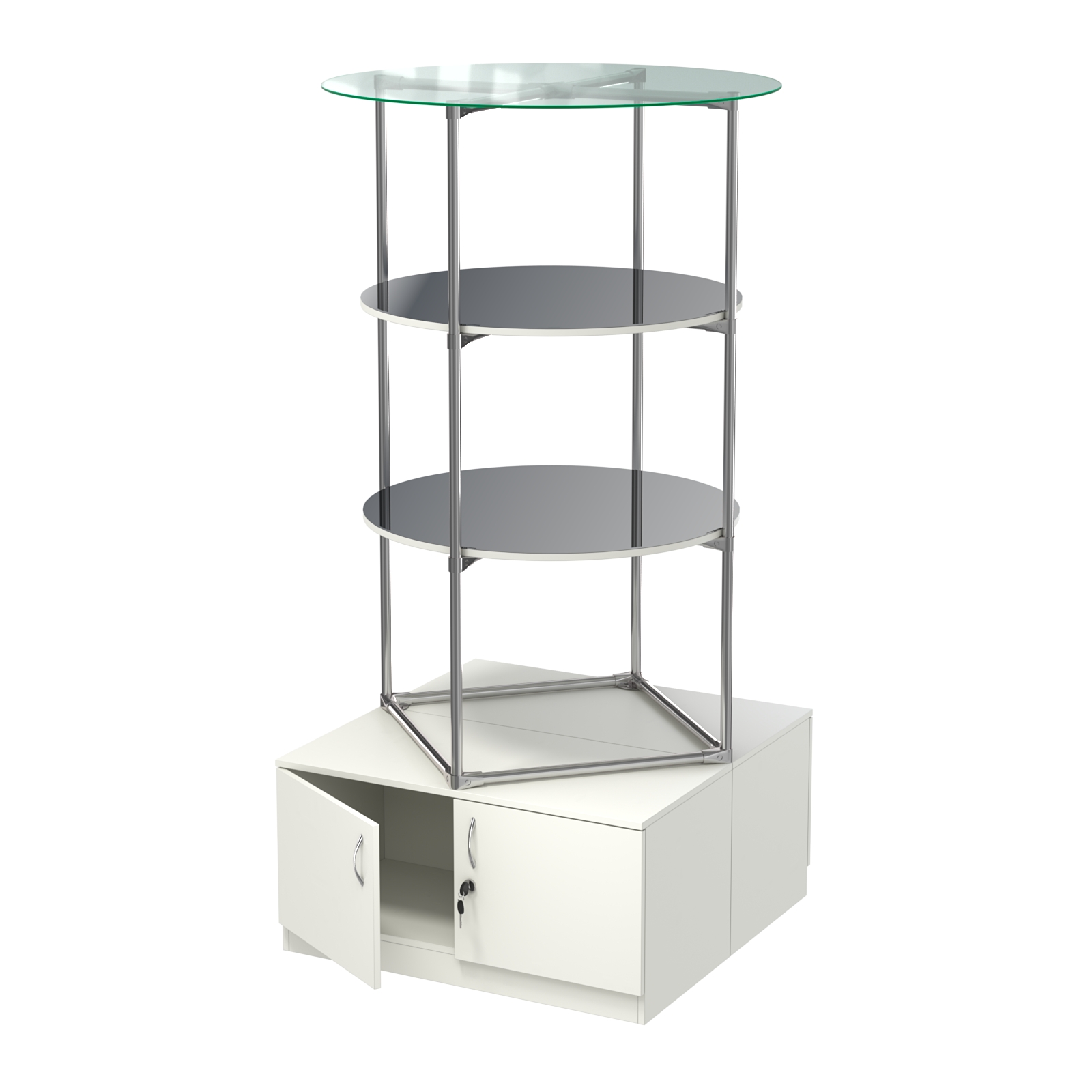 Торговые стенды СФЕРА с полками и тумбами №4 (с двумя зеркальными полками) Белый