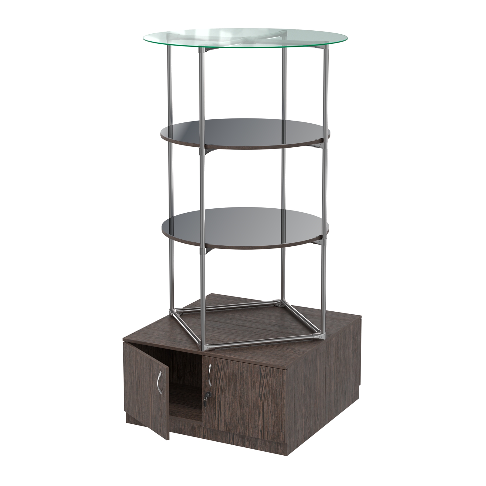 Торговые стенды СФЕРА с полками и тумбами №4 (с двумя зеркальными полками) Дуб Венге