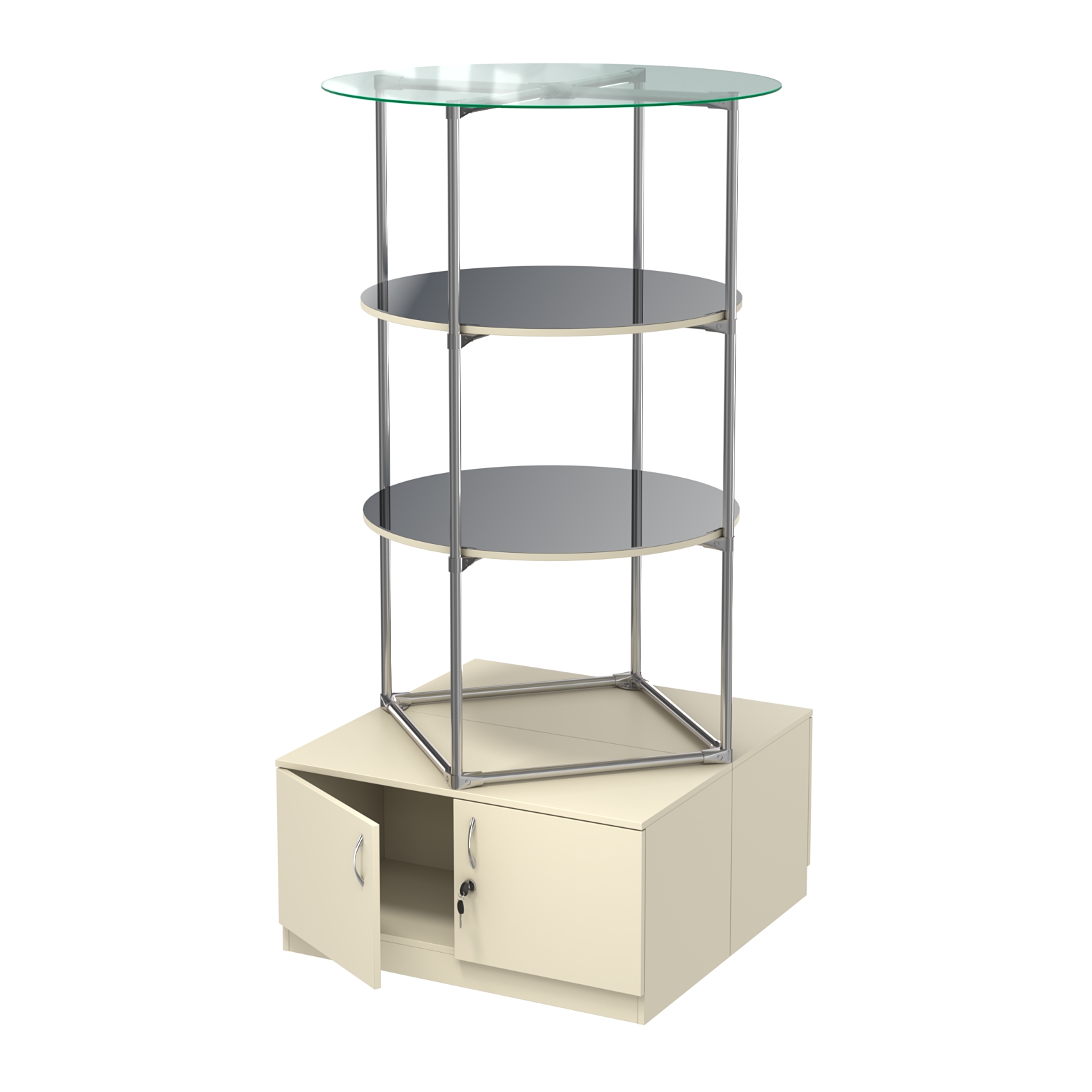 Торговые стенды СФЕРА с полками и тумбами №4 (с двумя зеркальными полками) Крем Вайс