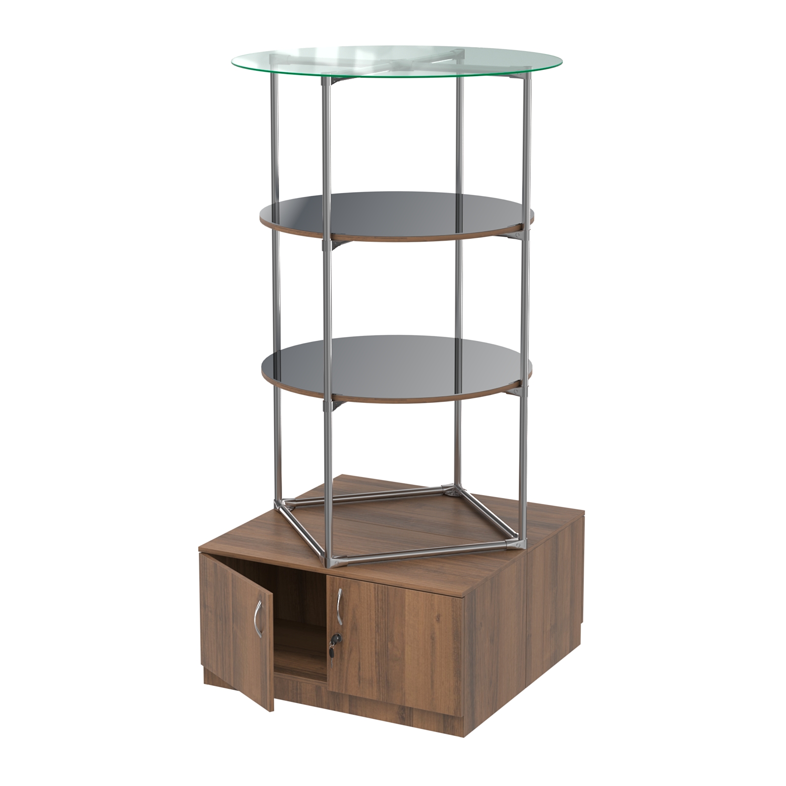 Торговые стенды СФЕРА с полками и тумбами №4 (с двумя зеркальными полками) Орех