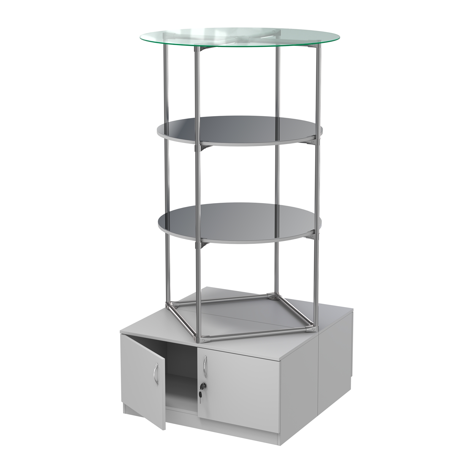 Торговые стенды СФЕРА с полками и тумбами №4 (с двумя зеркальными полками) Серый