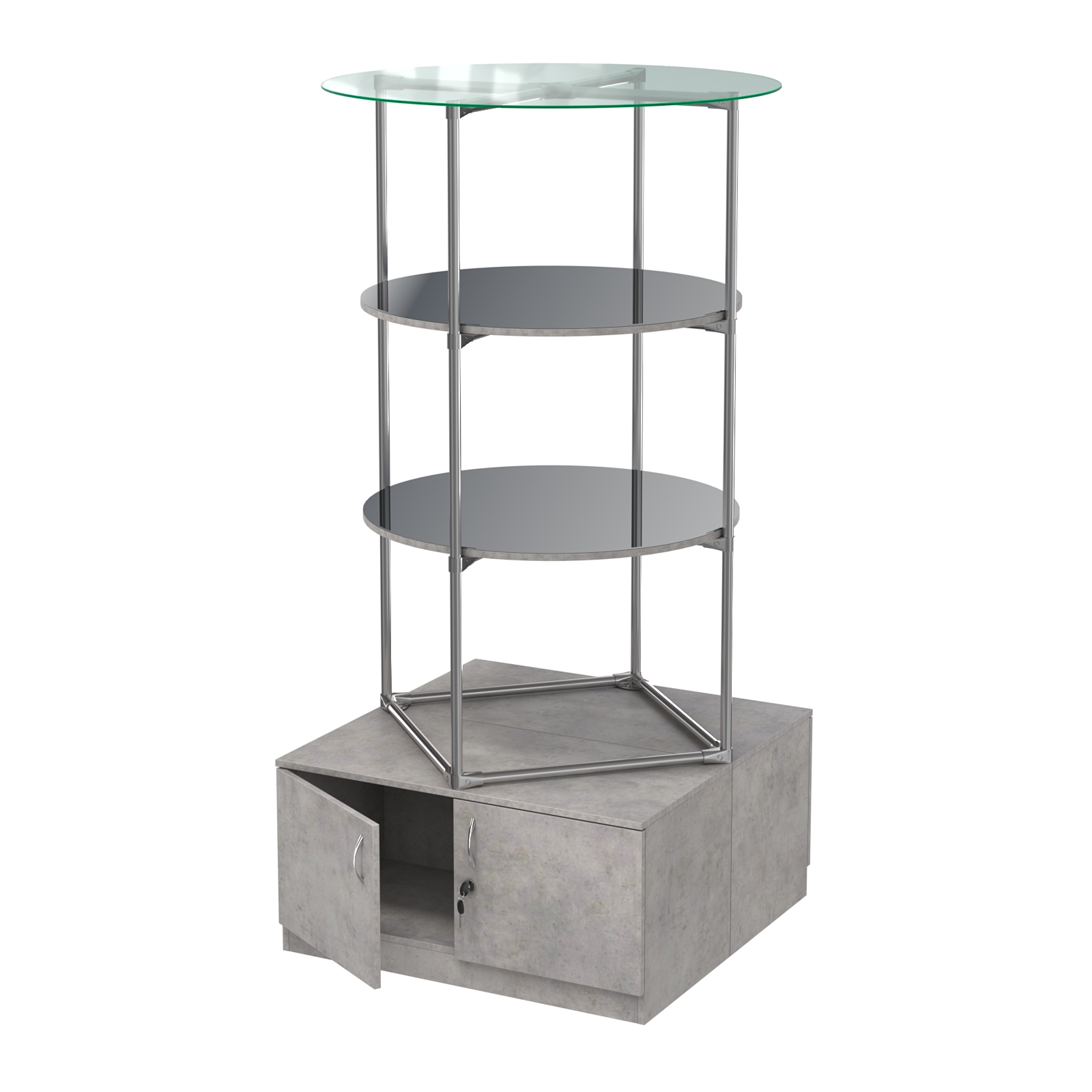 Торговые стенды СФЕРА с полками и тумбами №4 (с двумя зеркальными полками) Бетон Чикаго светло-серый F186 ST9