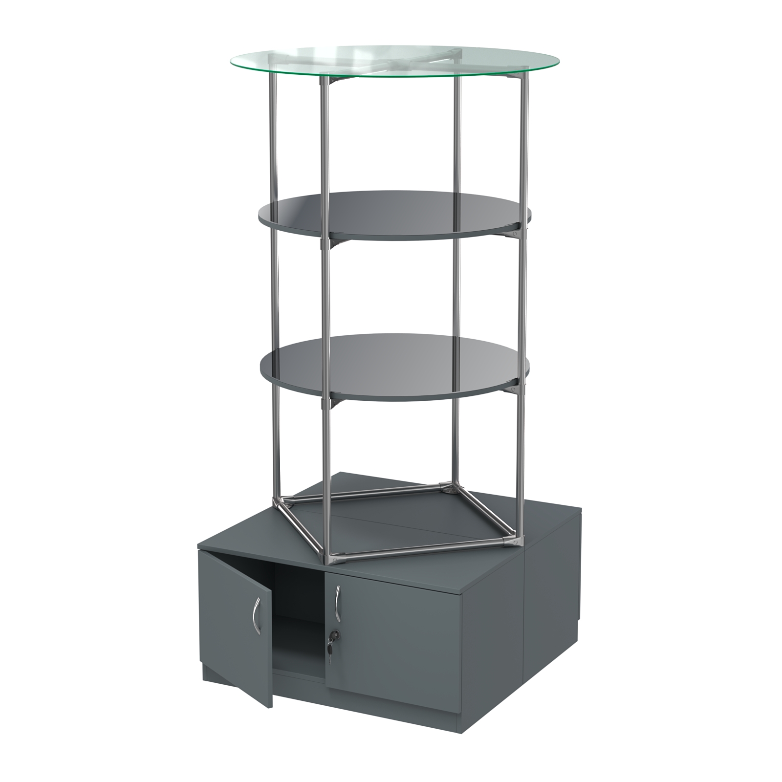 Торговые стенды СФЕРА с полками и тумбами №4 (с двумя зеркальными полками) Темно-Серый