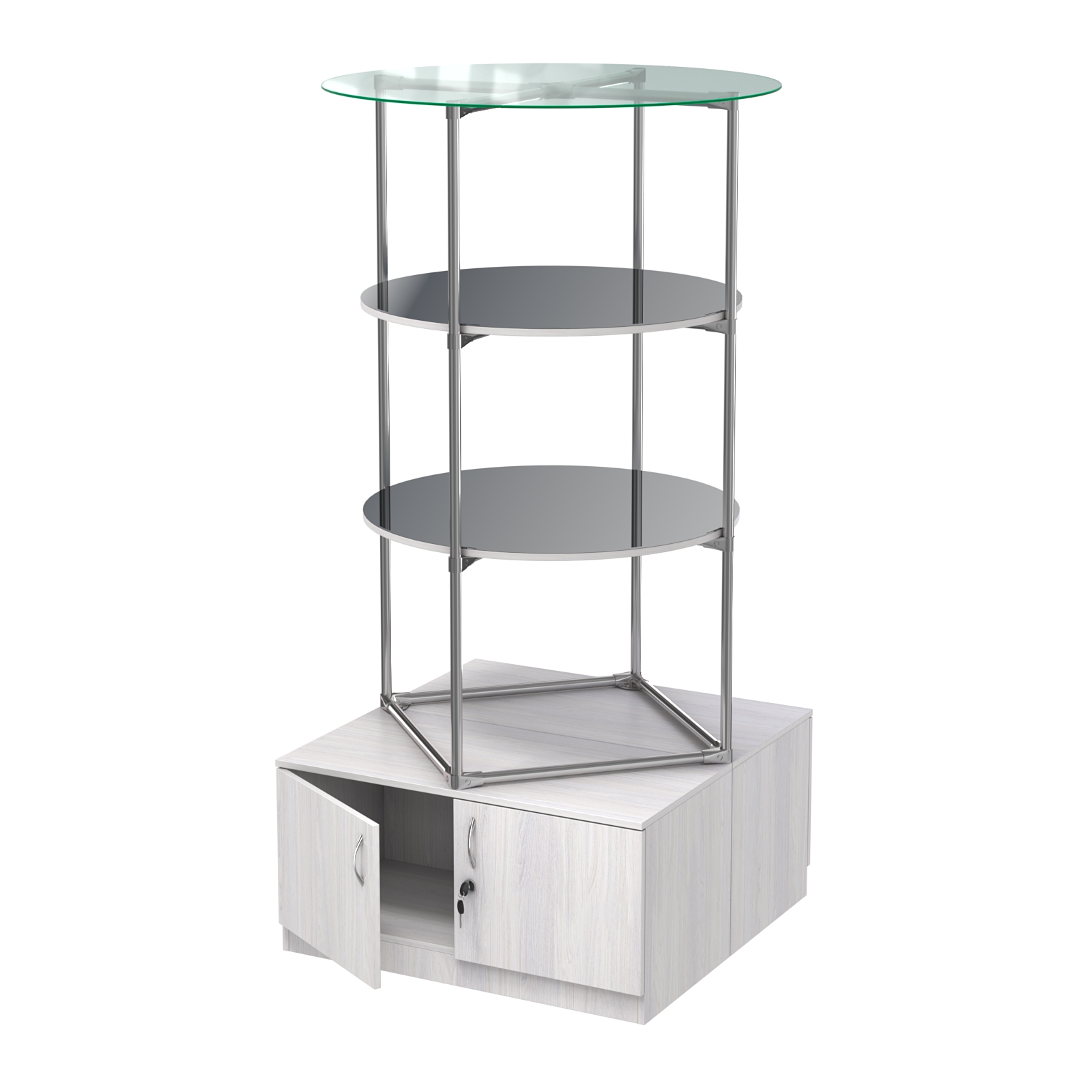 Торговые стенды СФЕРА с полками и тумбами №4 (с двумя зеркальными полками) Ясень Анкор светлый