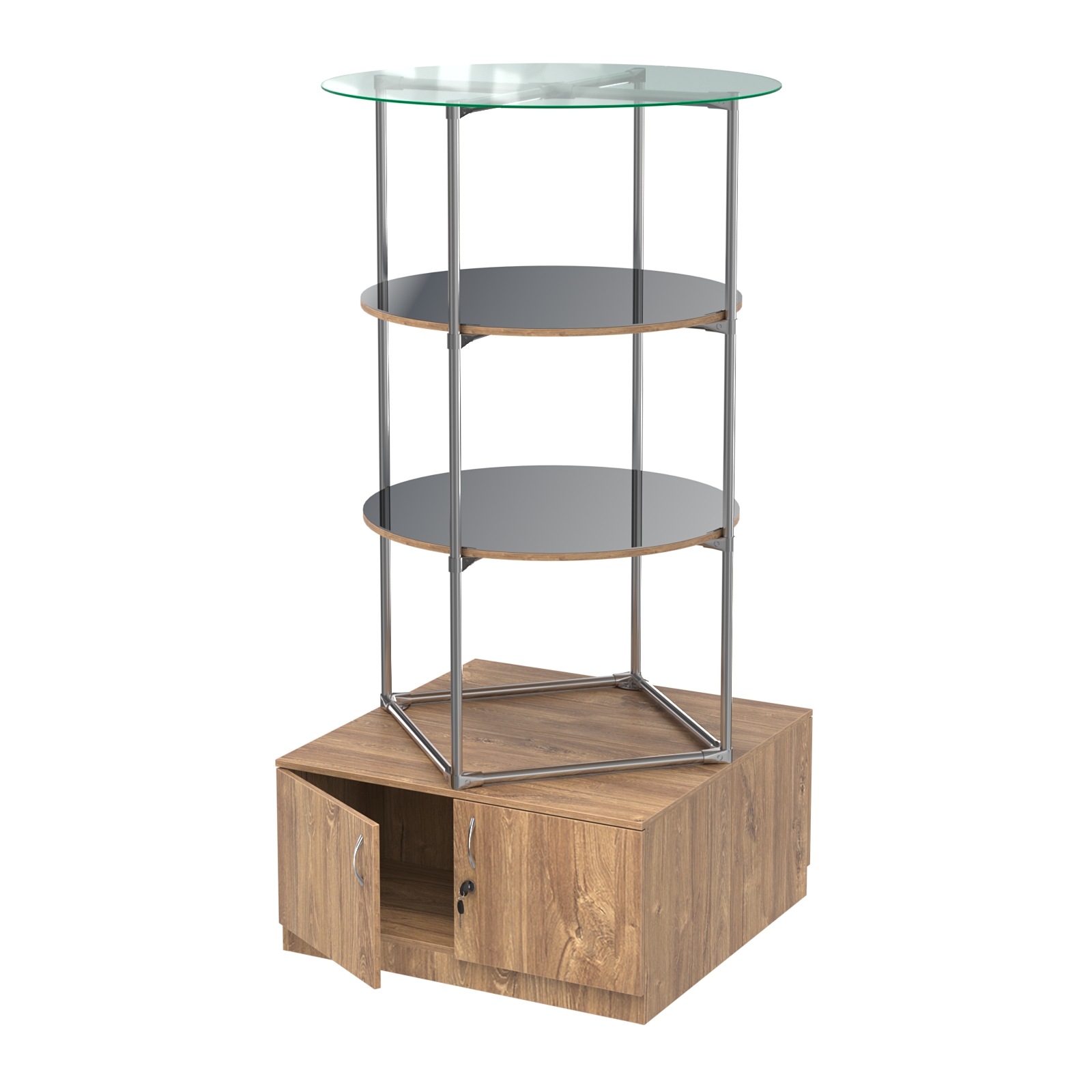 Торговые стенды СФЕРА с полками и тумбами №4 (с двумя зеркальными полками) Дуб Канзас коричневый