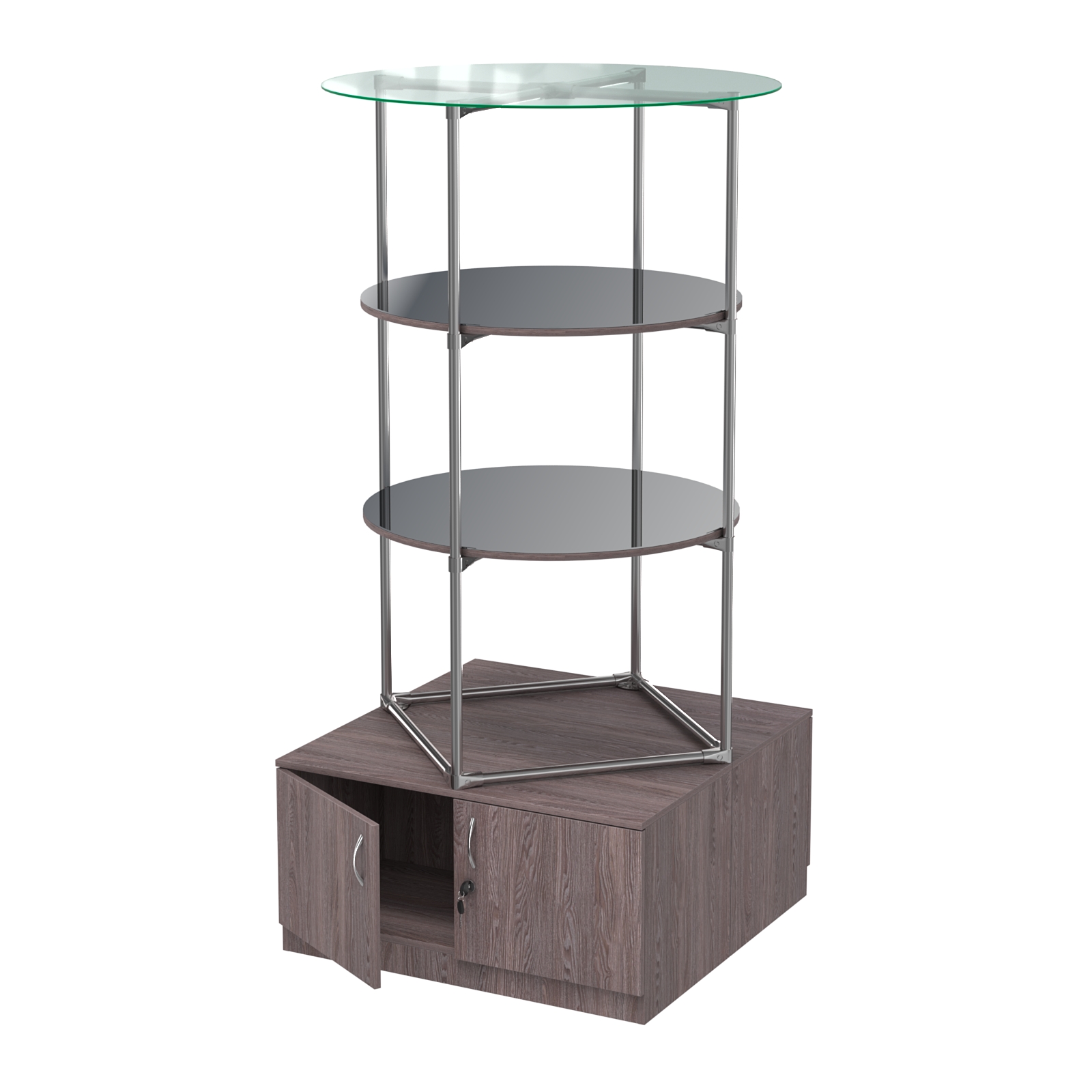 Торговые стенды СФЕРА с полками и тумбами №4 (с двумя зеркальными полками) Ясень Анкор темный