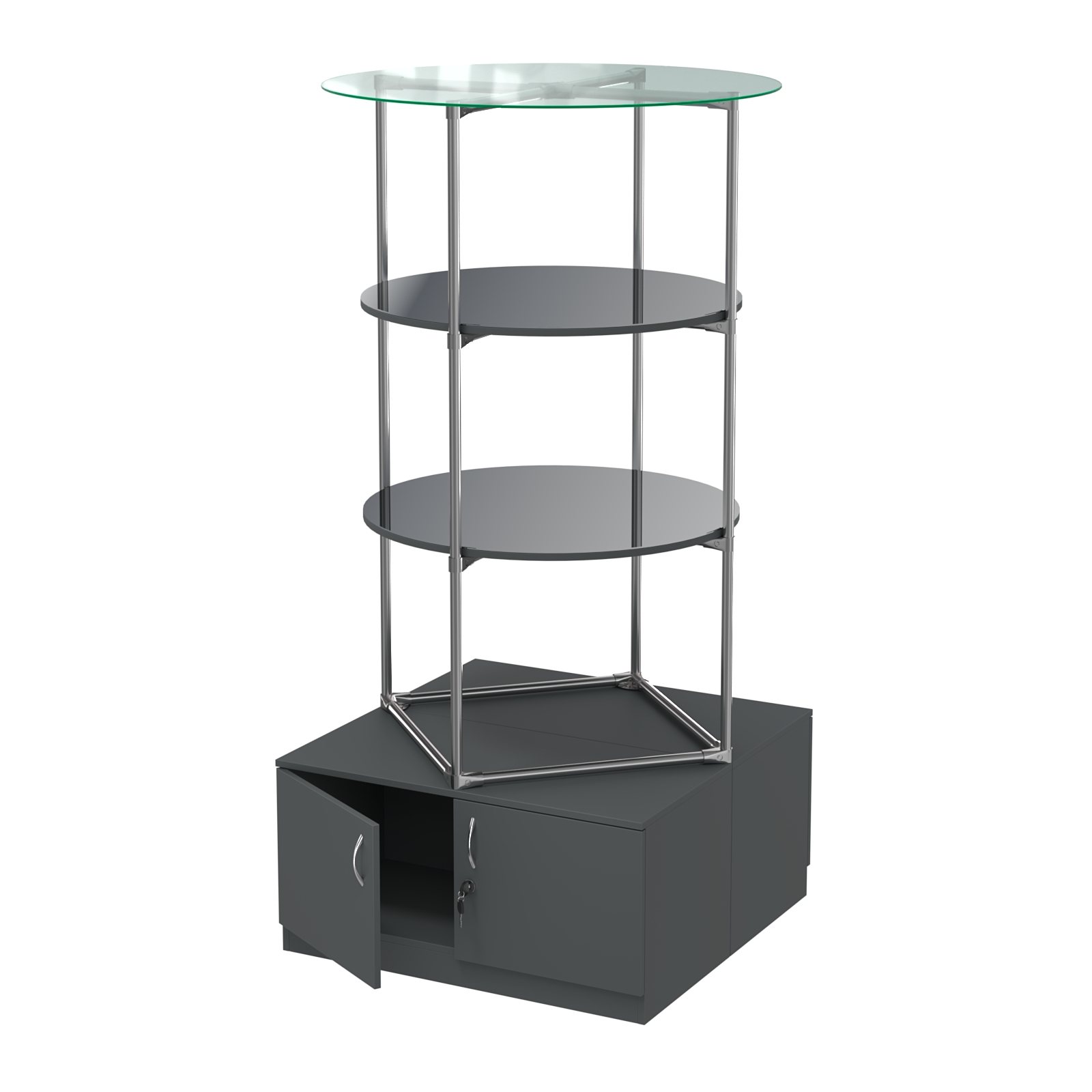 Торговые стенды СФЕРА с полками и тумбами №4 (с двумя зеркальными полками) Антрацит