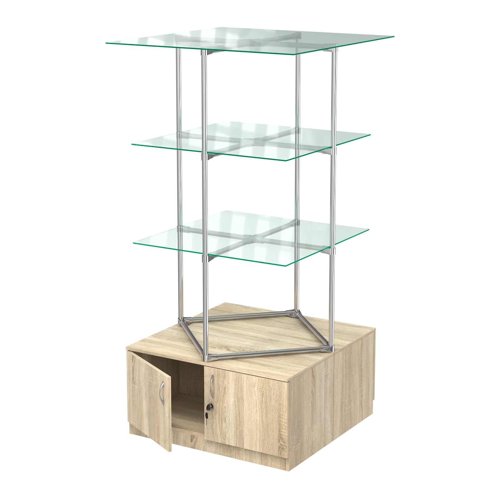 Торговые стенды Экспозиция с полками и тумбами №1 (с двумя стеклянными полками 6мм) Дуб Сонома