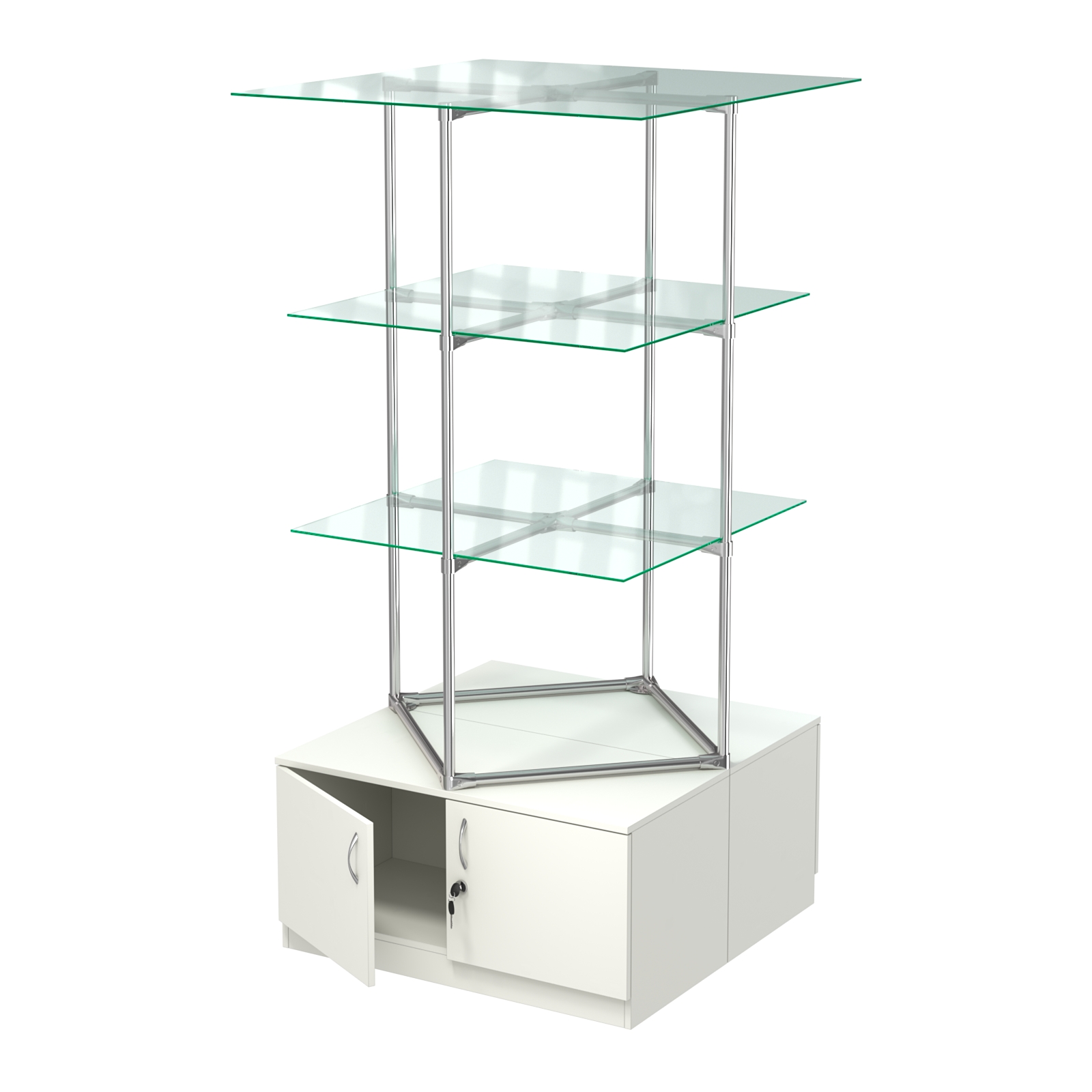 Торговые стенды Экспозиция с полками и тумбами №1 (с двумя стеклянными полками 6мм) Белый