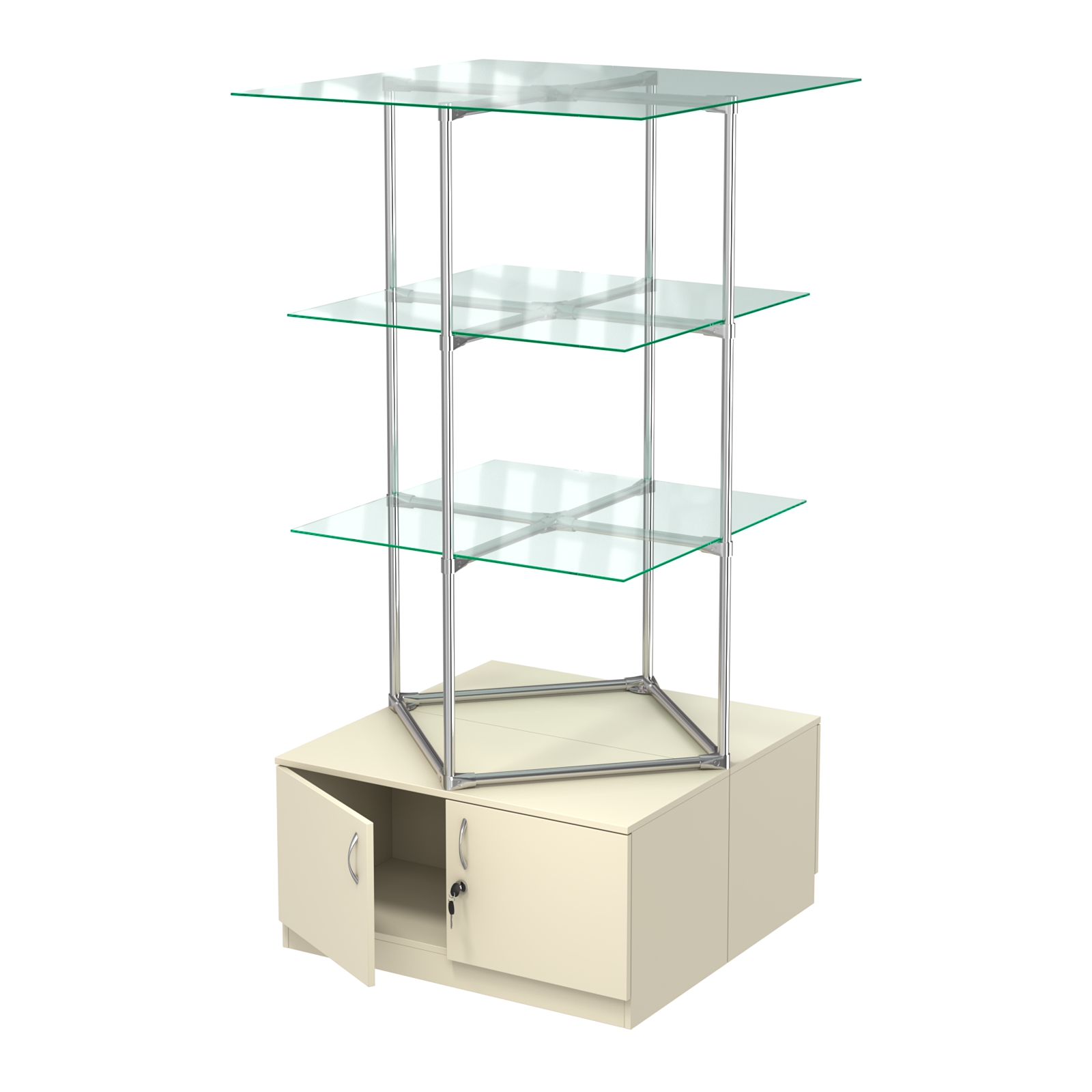Торговые стенды Экспозиция с полками и тумбами №1 (с двумя стеклянными полками 6мм) Крем Вайс