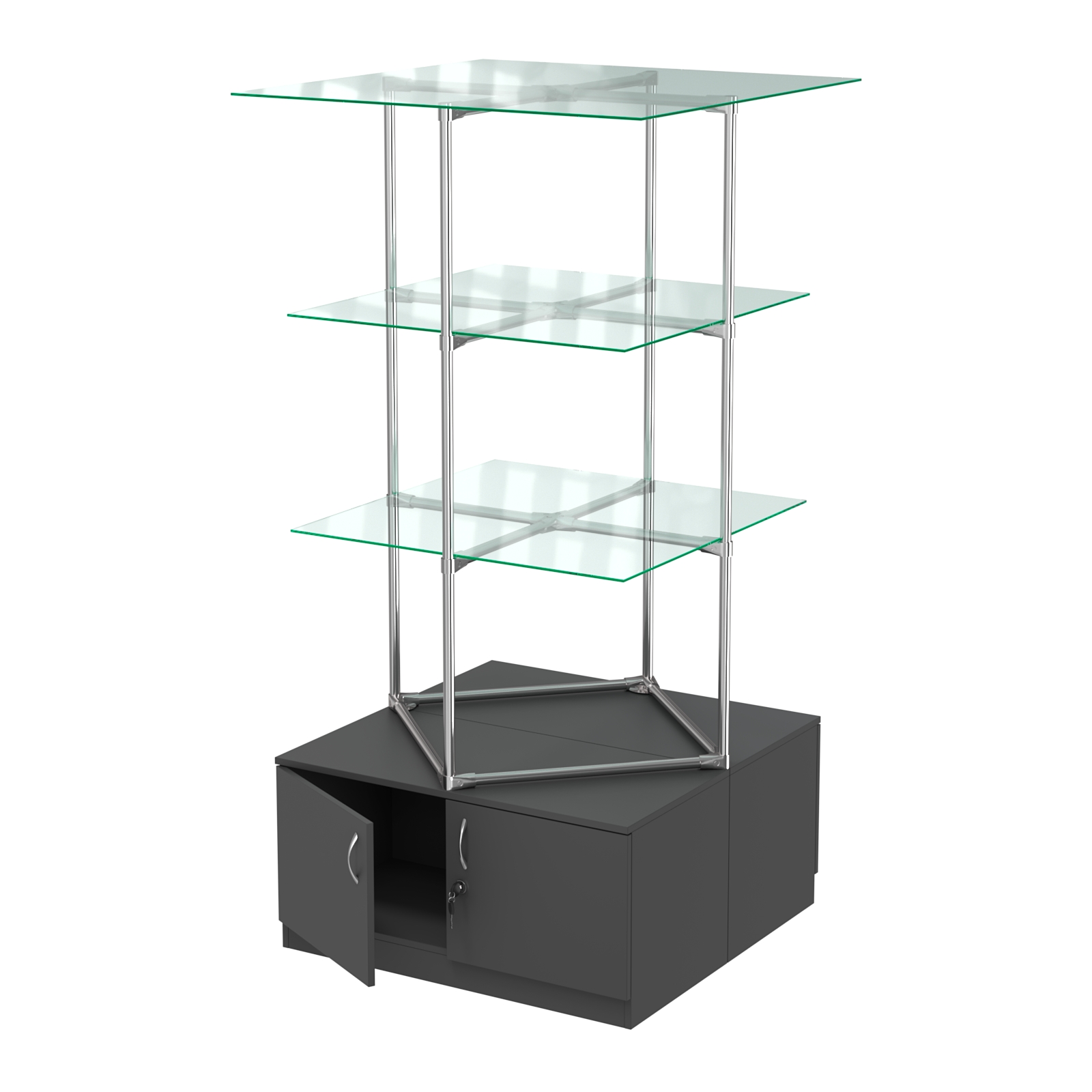 Торговые стенды Экспозиция с полками и тумбами №1 (с двумя стеклянными полками 6мм) Черный