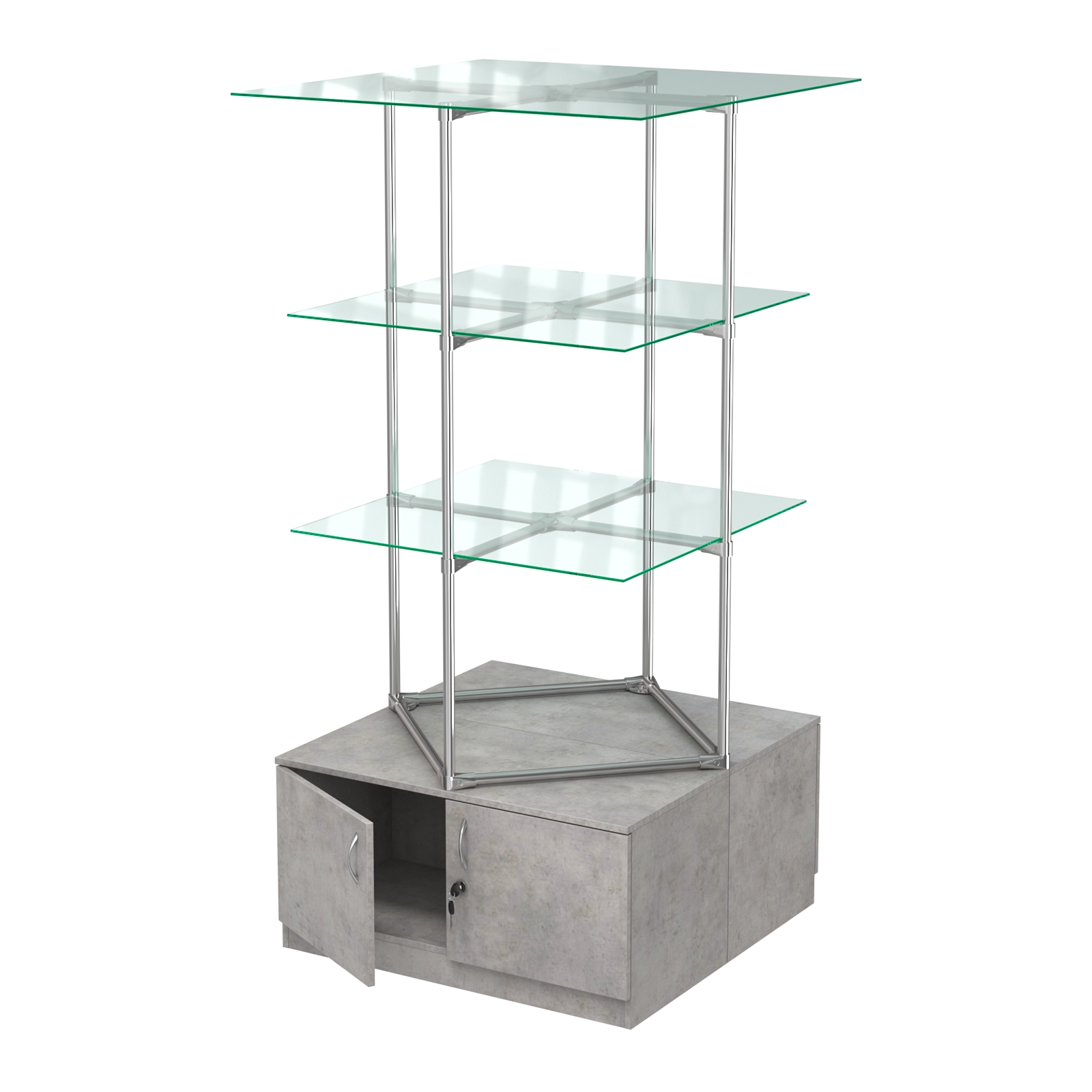 Торговые стенды Экспозиция с полками и тумбами №1 (с двумя стеклянными полками 6мм) Бетон Чикаго светло-серый F186 ST9